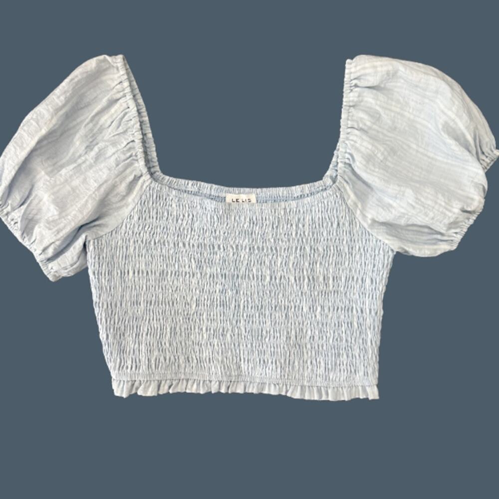 Le Lis Collection Light Blue Smocked Puff Sleeve Crop Top Square Neck